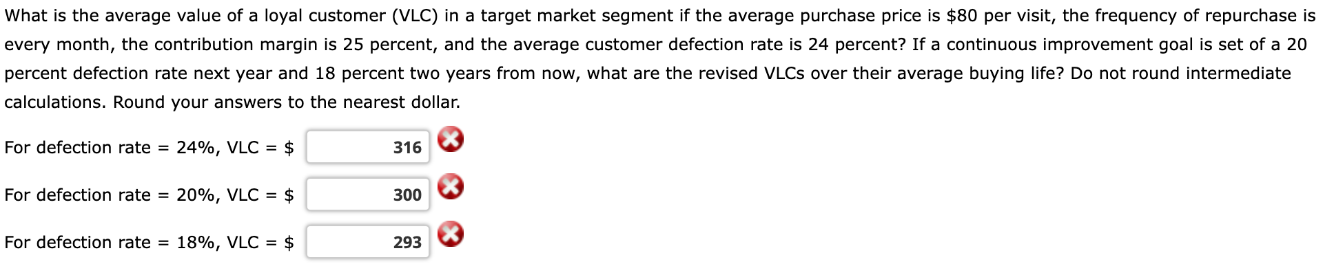 What is the average value of a loyal customer (VLC) in a target market segment if the average purchase price is $80 per visit, the frequency of repurchase is
every month, the contribution margin is 25 percent, and the average customer defection rate is 24 percent? If a continuous improvement goal is set of a 20
percent defection rate next year and 18 percent two years from now, what are the revised VLCs over their average buying life? Do not round intermediate
calculations. Round your answers to the nearest dollar.
For defection rate = 24%, VLC = $
For defection rate =
20%, VLC = $
For defection rate = 18%, VLC = $
316
300
293