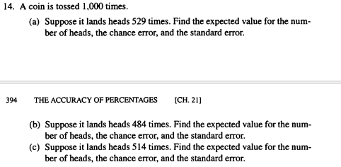 14. A coin is tossed 1,000 times.
(a) Suppose it lands heads 529 times. Find the expected value for the num-
ber of heads, the chance error, and the standard error.
394
THE ACCURACY OF PERCENTAGES
(CH. 21]
(b) Suppose it lands heads 484 times. Find the expected value for the num-
ber of heads, the chance error, and the standard error.
(c) Suppose it lands heads 514 times. Find the expected value for the num-
ber of heads, the chance error, and the standard error.