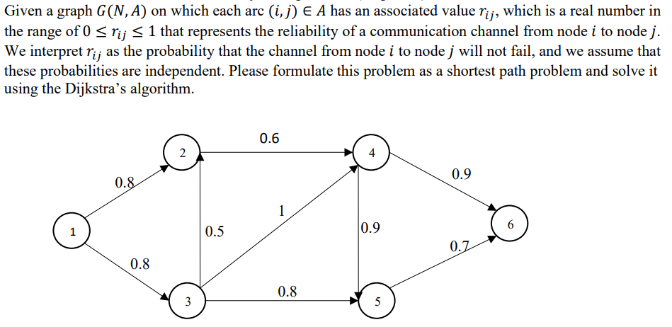 Given a graph G (N, A) on which each arc (i, j) E A has an associated value rij, which is a real number in
the range of 0 ≤ rij ≤ 1 that represents the reliability of a communication channel from node i to node j.
We interpret rij as the probability that the channel from node i to node j will not fail, and we assume that
these probabilities are independent. Please formulate this problem as a shortest path problem and solve it
using the Dijkstra's algorithm.
1
0.8
0.8
2
3
نیا
0.5
0.6
1
0.8
0.9
5
0.9
0.7