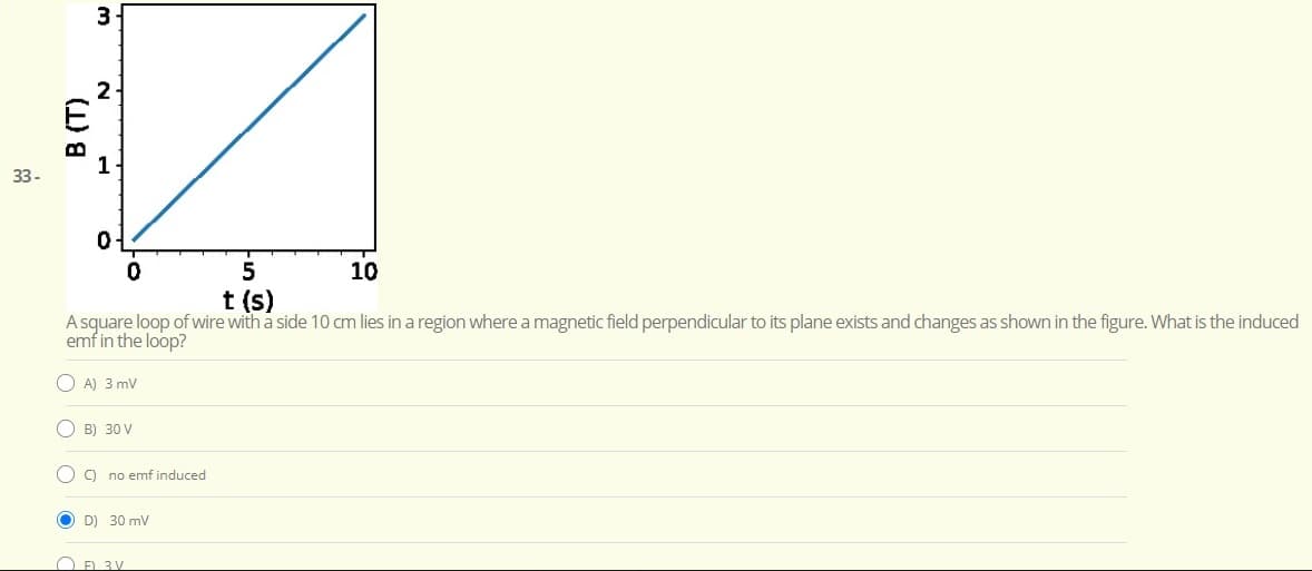 1
33-
5
10
t (s)
A square loop of wire with a side 10 cm lies in a region where a magnetic field perpendicular to its plane exists and changes as shown in the figure. What is the induced
emf in the loop?
O A) 3 mv
O B) 30 V
O ) no emf induced
O D) 30 mv
O E 3V
(1) 8
