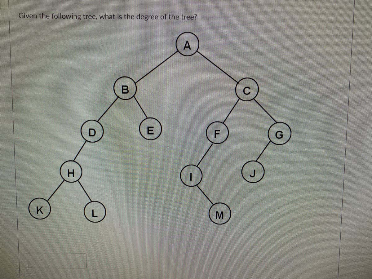 Given the following tree, what is the degree of the tree?
A
E
G
H.
K
L
M
B.
