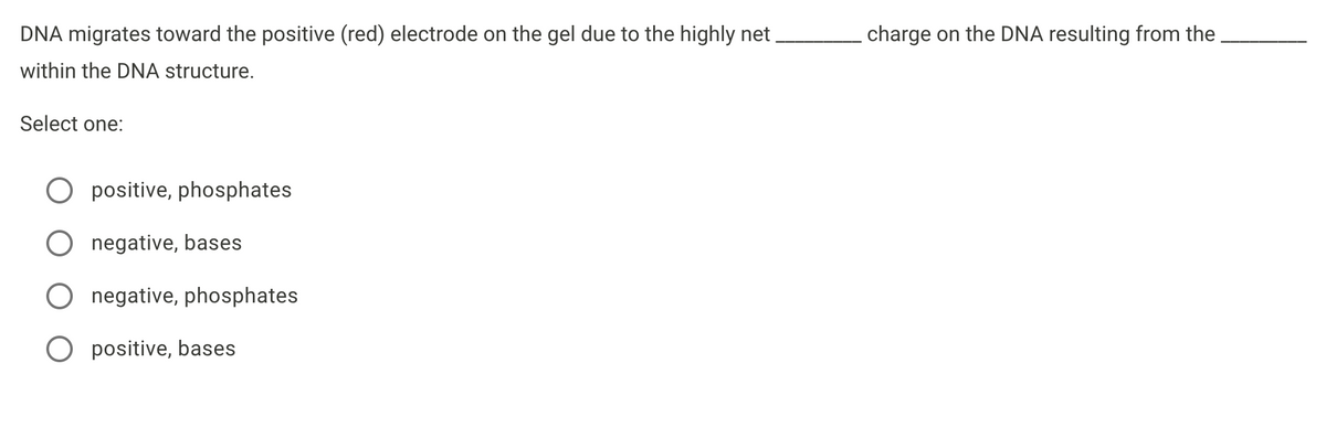 DNA migrates toward the positive (red) electrode on the gel due to the highly net,
- charge on the DNA resulting from the
within the DNA structure.
Select one:
positive, phosphates
negative, bases
negative, phosphates
O positive, bases
