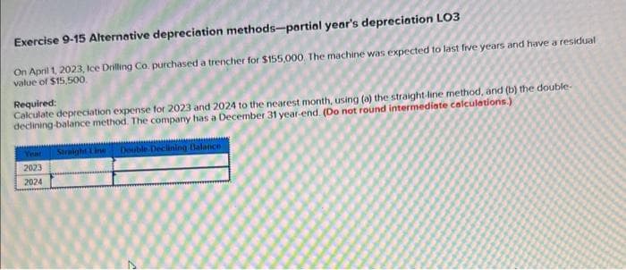 Exercise 9-15 Alternative depreciation methods-partial year's depreciation LO3
On April 1, 2023, Ice Drilling Co. purchased a trencher for $155,000. The machine was expected to last five years and have a residual
value of $15,500.
Required:
Calculate depreciation expense for 2023 and 2024 to the nearest month, using (a) the straight-line method, and (b) the double-
declining balance method. The company has a December 31 year-end. (Do not round intermediate calculations.)
Year Straight Line Double Declining Balance
2023
2024