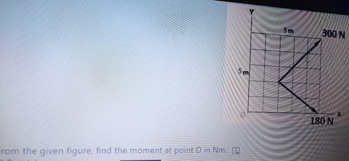 300 N
5m
180 N
From the given figure, find the moment at point O in Nm.
