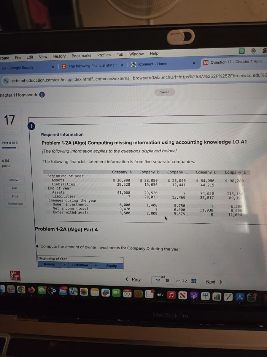 rome
Edit
File
View
History
D
Bookmarks
Profiles Tab
Window
Help
G
bjs - Google Search
C The following financial statem× | iConnect - Home
X
M Question 17 - Chapter 1 Home
ezto.mheducation.com/ext/map/index.html?_con=con&external_browser=0&launch Url=https%253A%252F%252Fbb.mwcc.edu%2
hapter 1 Homework
17
Part 4 of 5
4.84
points
Saved
Required information
Problem 1-2A (Algo) Computing missing information using accounting knowledge LO A1
[The following information applies to the questions displayed below.]
The following financial statement information is from five separate companies.
Company A
Company B
Company C
Company D
Beginning of year
eBook
Assets
Liabilities
$ 36,000
29,520
$ 28,080
19,656
$ 23,040
12,441
$ 64,080
Company E
$ 98,280
44,215
?
Ask
Print
End of year
Assets
41,000
29,520
?
74,620
Liabilities
?
20,073
13,460
35,817
113,160
89,396
Changes during the year
References
Owner investments
6,000
1,400
9,750
?
6,500
Net income (loss)
9,470
?
6,000
11,938
8,608
Owner withdrawals
3,500
2,000
5,875
0
11,000
Mc
Graw
Hill
7
Problem 1-2A (Algo) Part 4
4. Compute the amount of owner investments for Company D during the year.
Beginning of Year
Assets
=
11,645
Liabilities
Equity
< Prev
17
18
of 22
Next >
MAY
22
tv♫
MacBook Pro
A