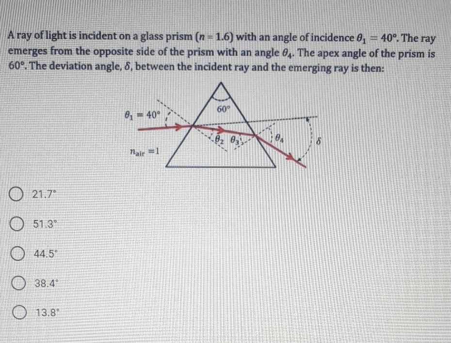 A ray of light is incident on a glass prism (n = 1.6) with an angle of incidence 0,
emerges from the opposite side of the prism with an angle 0,. The apex angle of the prism is
60° The deviation angle, 8, between the incident ray and the emerging ray is then:
= 40°. The ray
60°
0, = 40°
Nair =1
O 21.7°
O 51.3
O 44.5°
38.4
13.8
