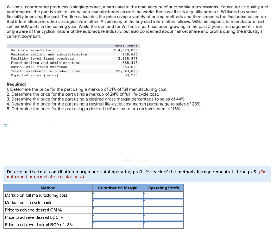 Williams Incorporated produces a single product, a part used in the manufacture of automobile transmissions. Known for its quality and
performance, the part is sold to luxury auto manufacturers around the world. Because this is a quality product, Williams has some
flexibility in pricing the part. The firm calculates the price using a variety of pricing methods and then chooses the final price based on
that information and other strategic information. A summary of the key cost information follows. Williams expects to manufacture and
sell 53,500 parts in the coming year. While the demand for Williams's part has been growing in the past 2 years, management is not
only aware of the cyclical nature of the automobile industry, but also concerned about market share and profits during the industry's
current downturn.
Variable manufacturing
Variable selling and administrative
Facility-level fixed overhead
Fixed selling and administrative
Batch-level fixed overhead
(6)
Total investment in product line
Expected sales (units)
Required:
1. Determine the price for the part using a markup of 31% of full manufacturing cost.
2. Determine the price for the part using a markup of 24% of full life-cycle cost.
3. Determine the price for the part using a desired gross margin percentage to sales of 44%.
4. Determine the price for the part using a desired life-cycle cost margin percentage to sales of 23%.
5. Determine the price for the part using a desired before-tax return on investment of 13%.
Total Costs
$ 4,673,000
848,650
2,338,875
668,495
353,000
22,343,000
53,500
Determine the total contribution margin and total operating profit for each of the methods in requirements 1 through 5. (Do
not round intermediate calculations.)
Method
Markup on full manufacturing cost
Markup on life cycle costs
Price to achieve desired GM %
Price to achieve desired LCC %
Price to achieve desired ROA of 13%
Contribution Margin
Operating Profit