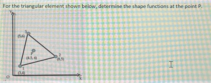 For the triangular element shown below, determine the shape functions at the point P.
(5,6)
(34)
0
(4.5,6)
2
(8,5)
H