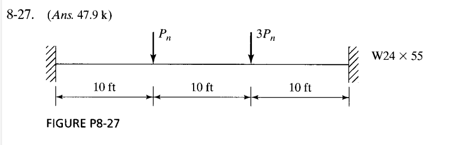 8-27. (Ans. 47.9 k)
Pn
3Pn
W24 X 55
10 ft
10 ft
10 ft
FIGURE P8-27
