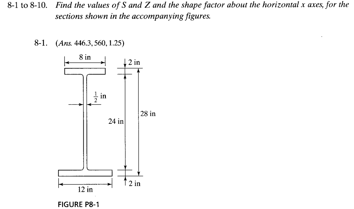 8-1 to 8-10. Find the values of S and Z and the shape factor about the horizontal x axes, for the
sections shown in the accompanying figures.
8-1. (Аns. 446.3, 560, 1.25)
8 in
2 in
글 im
28 in
24 in
2 in
12 in
FIGURE P8-1
