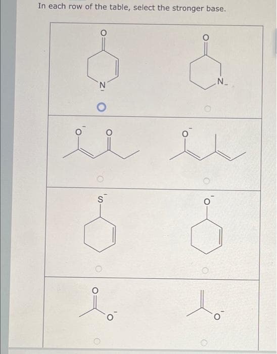 In each row of the table, select the stronger base.
ii
N_
T