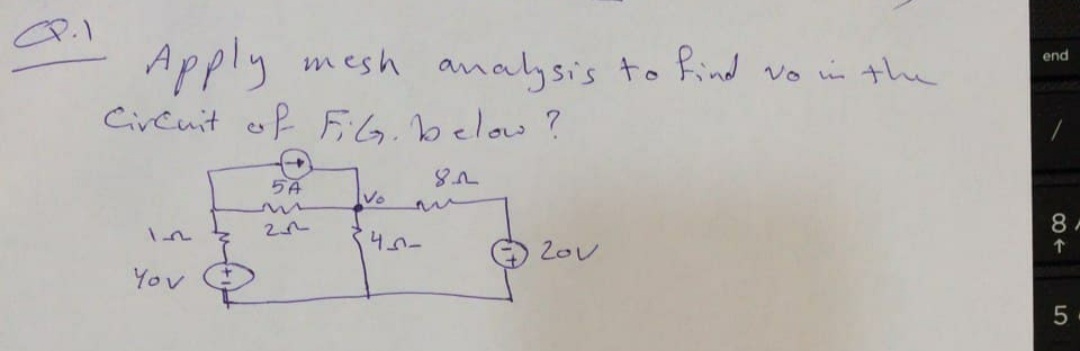 Apply mesh analysis to hind vo in the
Cireuit of FEG.below?
end
5A
Vo
You
5
