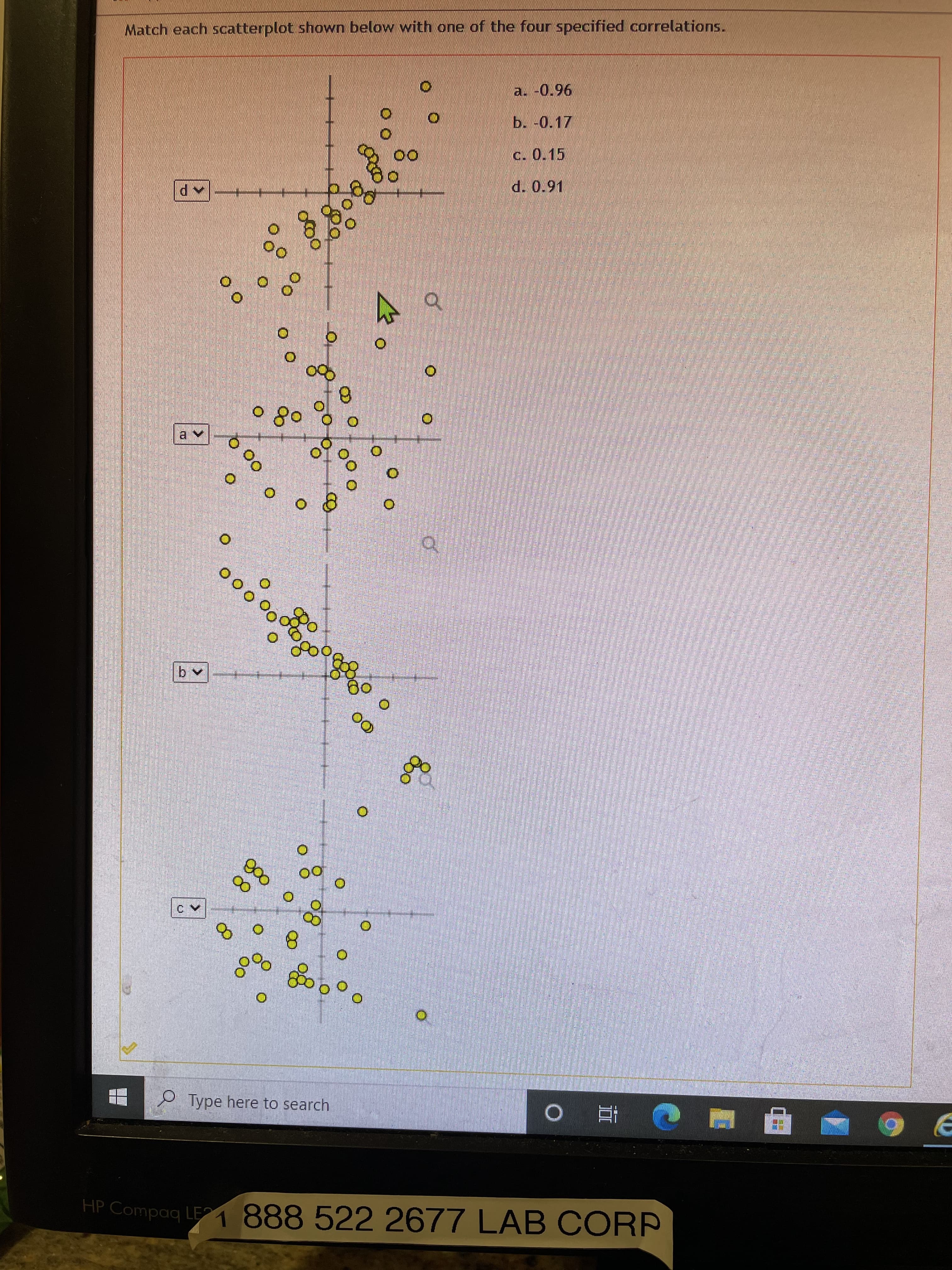 Match each scatterplot shown below with one of the four specified correlations.
