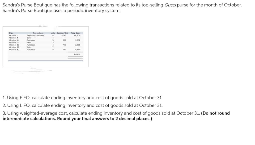 Sandra's Purse Boutique has the following transactions related to its top-selling Gucci purse for the month of October.
Sandra's Purse Boutique uses a periodic inventory system.
Date
October 1
October 4
October 10
October 13
October 20
October 28
October 30
Transactions
Beginning inventory
Sale
Purchase
Sale
Purchase
Sale
Purchase
Units Cost per Unit Total Cost
6
$700
$4,200
4
710
5
3
4
2
8
720
730
3,550
2.880
5,840
$16,470
1. Using FIFO, calculate ending inventory and cost of goods sold at October 31.
2. Using LIFO, calculate ending inventory and cost of goods sold at October 31.
3. Using weighted-average cost, calculate ending inventory and cost of goods sold at October 31. (Do not round
intermediate calculations. Round your final answers to 2 decimal places.)