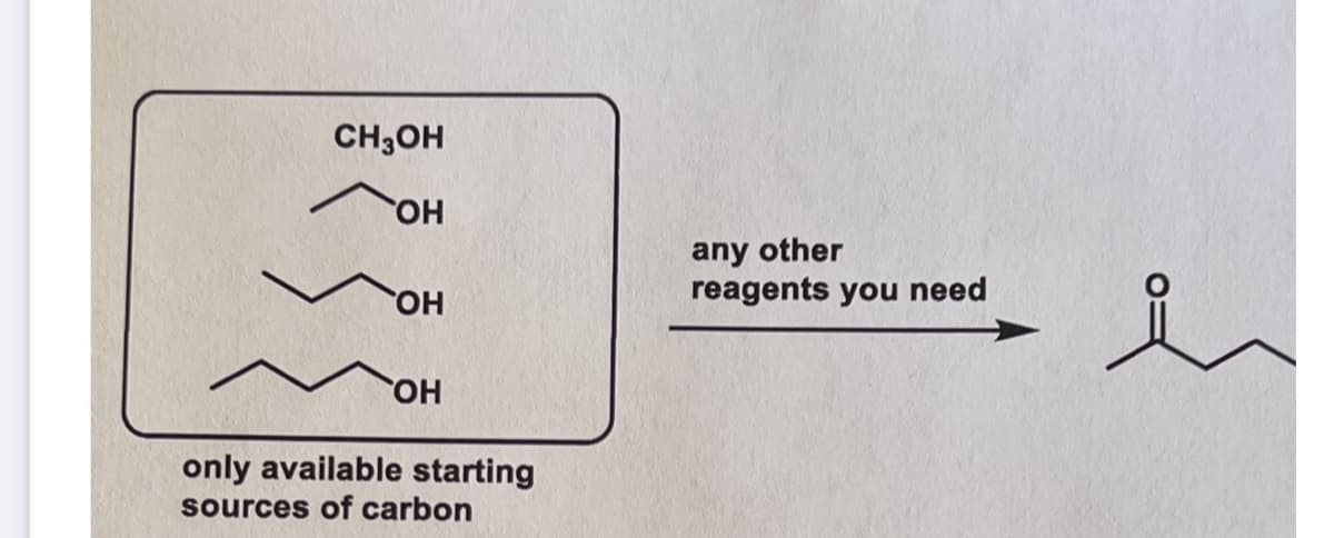 CH3OH
ОН
ОН
ОН
only available starting
sources of carbon
any other
reagents you need