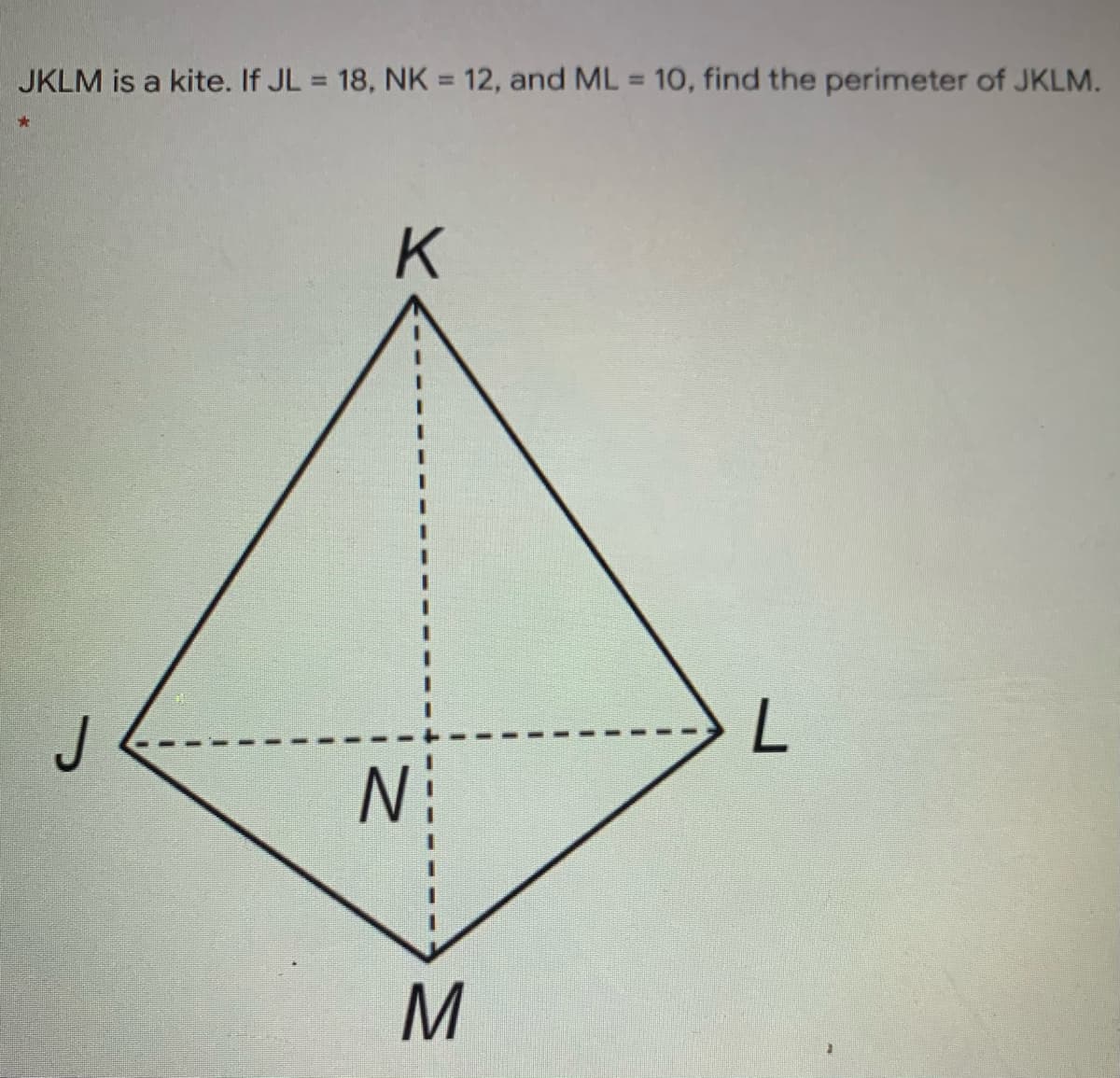 JKLM is a kite. If JL = 18, NK = 12, and ML = 10, find the perimeter of JKLM.
%3D
%3D
K
J
M
