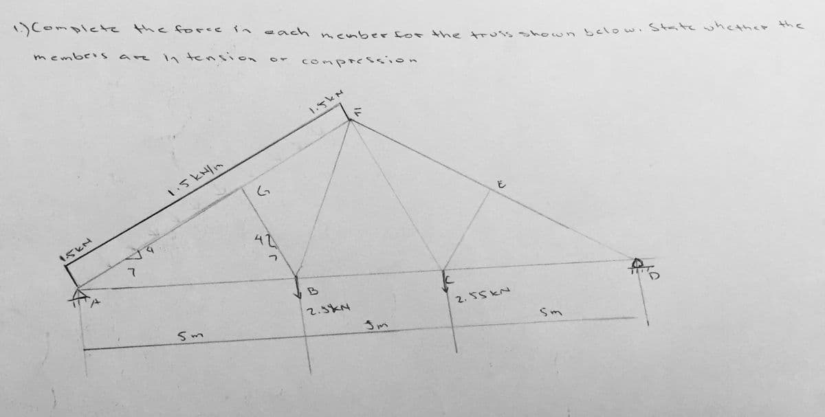 1)Complcte
the foree
くへ
membeS
each menberfor the truss showon below.State wwhether the
are
\へ tensio。
compressiion
1.5KM
い5 kHln
44
15KM
B
2.5KN
2. 55KN
Sm
