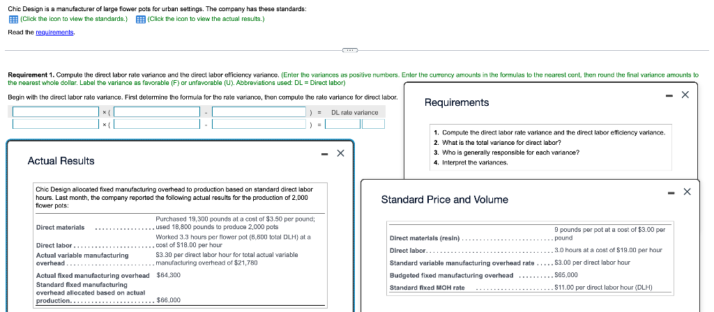 Chic Design is a manufacturer of large flower pots for urban settings. The company has these standards:
E (Click the icon to view the standards.) E(Click the icon to view the actual results.)
Read the requirements.
Requirement 1. Compute the direct labor rate variance and the direct labor efficiency variance. (Enter the variances as positive numbers. Enter the currency amounts in the formulas to the nearest cent, then round the final variance amounts to
the nearest whole dollar. Label the variance as favorable (F) or unfavorable (U). Abbreviations used: DL = Direct labor)
Begin with the direct labor rate variance. First determine the formula for the rate variance, then compute the rate variance for direct labor.
- X
Requirements
DL rate variance
|× {L
1. Compute the direct labor rate variance and the direct labor efficiency variance.
2. What is the total variance for direct labor?
- X
3. Who is generally responsible for each variance?
Actual Results
4. Interpret the variances.
Chic Design allocated fixed manufacturing overhead to production based on standard direct labor
hours. Last month, the company reported the following actual results for the production of 2,000
flower pots:
- X
Standard Price and Volume
Purchased 19,300 pounds at a cost of $3.50 per pound;
.used 18,800 pounds to produce 2,000 pots
Direct materials
9 pounds per pot at a cost of $3.00 per
Worked 3.3 hours per flower pot (6,600 total DLH) at a
cost of $18.00 per hour
Direct materials (resin)
-pound
Direct labor...
Actual variable manufacturing
overhead.........................manufacturing overhead of $21,780
Actual fixed manufacturing overhead $64,300
Standard fixed manufacturing
........
Direct labor..
....3.0 hours at a cost of $19.00 per hour
$3.30 per direct labor hour for total actual variable
Standard variable manufacturing overhead rate ..... S3.00 per direct labor hour
Budgeted fixed manufacturing overhead .......... S65,000
Standard fixed MOH rate
$11.00 per direct labor hour (DLH)
overhead allocated based on actual
production.......
$66,000
