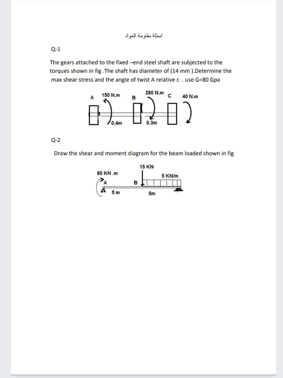 اسئلة مقاومة المواد
Q-1
The gears attached to the fixed -end steel shaft are subjected to the
torques shown in fig .The shaft has diameter of (14 mm ).Determine the
max shear stress and the angle of twist A relative c . use G=80 Gpa
280 N.m
150 N.m
40 N.m
0.4m
0.3m
Q-2
Draw the shear and moment diagram for the beam loaded shown in fig
15 KN
80 KN .m
5 KN/m
B
5 m
5m
