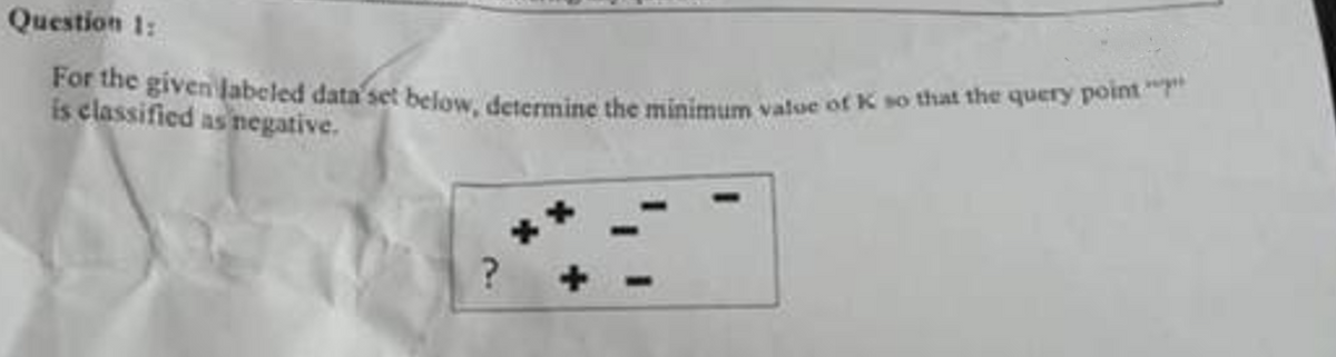 For the given Jabeled data'set below, determine the minimum value of K so that the query point "
Question 1:
is classified as negative.
