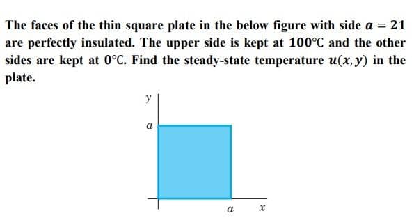 The faces of the thin square plate in the below figure with side a = 21
are perfectly insulated. The upper side is kept at 100°C and the other
sides are kept at 0°C. Find the steady-state temperature u(x, y) in the
plate.
y
a
a
