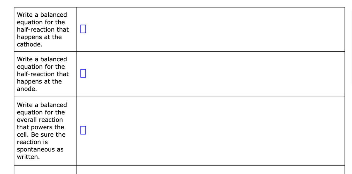 Write a balanced
equation for the
half-reaction that
happens at the
cathode.
Write a balanced
equation for the
half-reaction that
happens at the
anode.
Write a balanced
equation for the
overall reaction
that powers the
cell. Be sure the
reaction is
spontaneous as
written.
0
0
0