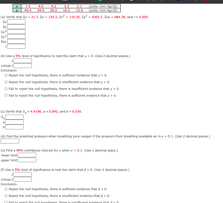 (units: mm Hg/10)
(units: mm Hg/10)
3.3
2.1
7.5
44.4
4.6
4.2
y
34.5
26.2
16.2
13.9
(a) Verify that Ex = 21.7, Ey = 135.2, Ex = 110.35, Ey = 4303.7, Exy = 684.39, and r 0.954.
Σχ
Ey
Ex?
Ey2[
Exy
(b) Use a 5% level of significance to test the claim thatp > 0. (Use 2 decimal places.)
critical t
Conclusion
O Reject the null hypothesis, there is sufficient evidence that p > 0.
O Reject the null hypothesis, there is insufficient evidence that p > 0.
O Fail to reject the null hypothesis, there is insufficient evidence that p > 0.
O Fail to reject the null hypothesis, there is sufficient evidence that p > 0.
(c) Verify that S, * 4.4196, a = 0.842, and b= 6.036.
Se
(d) Find the predicted pressure when breathing pure oxygen if the pressure from breathing available air is x = 5.1. (Use 2 decimal places.)
(e) Find a 99% confidence interval for y when x = 5.1. (Use 1 decimal place.)
lower limit
upper limit
(f) Use a 5% level of significance to test the claim that ß > 0. (Use 2 decimal places.)
critical t
Conclusion
O Reject the null hypothesis, there is sufficient evidence that 6 > 0.
O Reject the null hypothesis, there is insufficient evidence that ß > 0.
O Fail to reject the null hynothesis there is insufficient evidence that A>0
