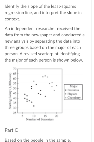 Identify the slope of the least-squares
regression line, and interpret the slope in
context.
An independent researcher received the
data from the newspaper and conducted a
new analysis by separating the data into
three groups based on the major of each
person. A revised scatterplot identifying
the major of each person is shown below.
70
65
60
55
50
45
Major
• Business
• Physics
Chemistry
40
35
30
25
10 IS 20
Number of Semesters
Part C
Based on the people in the sample,
Starting Salary (1,000 euros)
