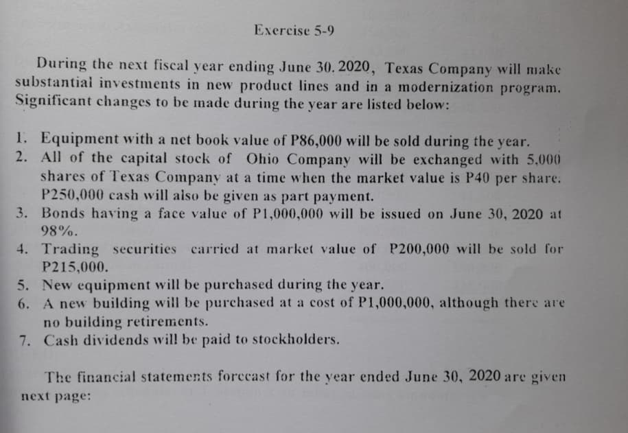 Exercise 5-9
During the next fiscal year ending June 30. 2020, Texas Company will make
substantial investments in new product lines and in a modernization program.
Significant changes to be made during the year are listed below:
1. Equipment with a net b0ok value of P86,000 will be sold during the year.
2. All of the capital stock of Ohio Company will be exchanged with 5,000
shares of Texas Company at a time when the market value is P40 per share.
P250,000 cash will also be given as part payment.
3. Bonds having a face value of P1,000,000 will be issued on June 30, 2020 at
98%.
4. Trading securities carried at market value of P200,000 will be sold for
P215,000.
5. New equipment will be purchased during the year.
6. A new building will be purchased at a cost of P1,000,000, although there are
no building retirements.
7. Cash dividends wil! be paid to stockholders.
The financial statements forccast for the year ended June 30, 2020 are given
next page:
