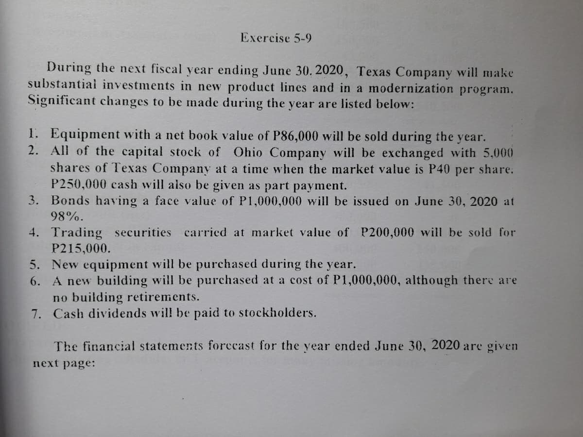 Exercise 5-9
During the next fiscal year ending June 30. 2020, Texas Company will mmake
substantial investments in new product lines and in a modernization program.
Significant changes to be made during the year are listed below:
1. Equipment with a net b0ok value of P86,000 will be sold during the year.
2. All of the capital stock of Ohio Company will be exchanged with 5,000
shares of Texas Company at a time when the market value is P40 per share.
P250,000 cash will also be given as part payment.
3. Bonds having a face value of P1,000,000 will be issued on June 30, 2020 at
98%.
4. Trading securities carried at market value of P200,000 will be sold for
P215,000.
5. New equipment will be purchased during the year.
6. A new building will be purchased at a cost of P1,000,000, although there are
no building retirements.
7. Cash dividends will be paid to stockholders.
The financial statements forccast for the year ended June 30, 2020 are given
next page:
