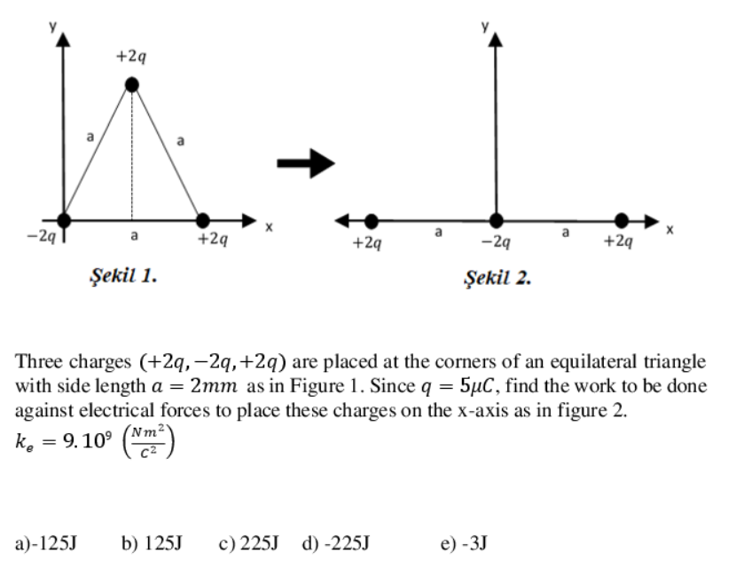 +29
a
-29
+2q
+29
-2q
a
+2q
Şekil 1.
Şekil 2.
Three charges (+2q,-2q,+2q) are placed at the corners of an equilateral triangle
with side length a = 2mm as in Figure 1. Since q = 5µC, find the work to be done
against electrical forces to place these charges on the x-axis as in figure 2.
(Nm²
k, = 9.10° ()
а)-125J
b) 125J
c) 225J d) -225J
e) -3J
