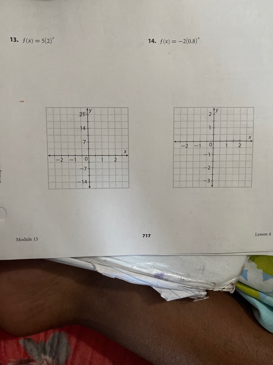 13. f(x) = 5(2)*
14. f(x) = -2(0.8)*
ty
21-
ty
14-
1
7-
-2
-7-
-2-
14-
-3+
Lesson 4
717
Module 15
