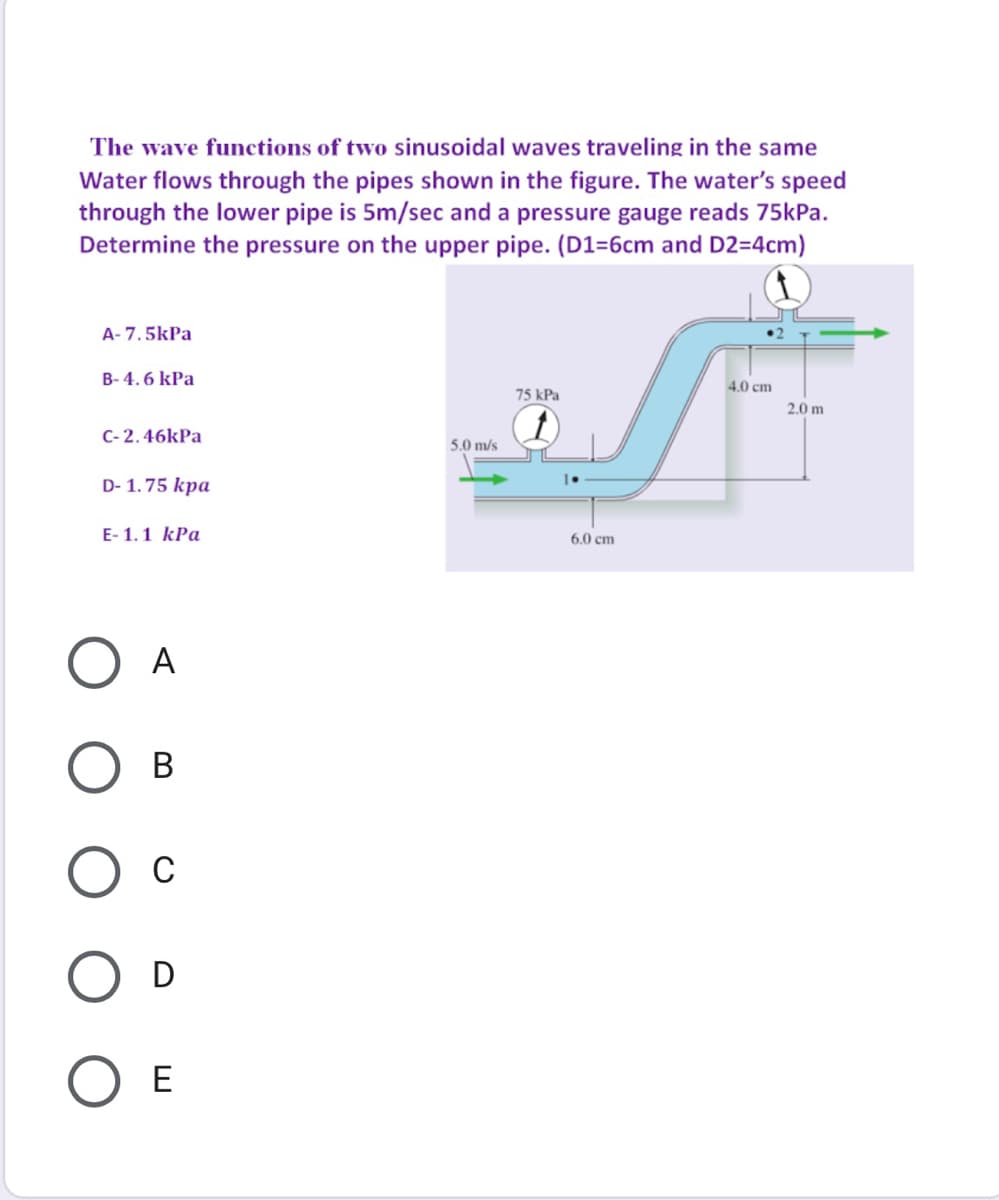 The wave functions of two sinusoidal waves traveling in the same
Water flows through the pipes shown in the figure. The water's speed
through the lower pipe is 5m/sec and a pressure gauge reads 75kPa.
Determine the pressure on the upper pipe. (D1=6cm and D2=4cm)
A- 7.5kPa
B- 4. 6 kPa
4.0 cm
75 kPa
2.0 m
C- 2.46kPa
5.0 m/s
D- 1.75 kpa
E- 1.1 kPa
6.0 cm
А
В
C
D
E
