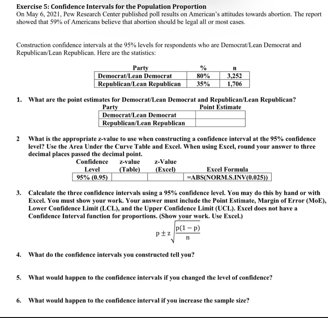 Exercise 5: Confidence Intervals for the Population Proportion
On May 6, 2021, Pew Research Center published poll results on American's attitudes towards abortion. The report
showed that 59% of Americans believe that abortion should be legal all or most cases.
Construction confidence intervals at the 95% levels for respondents who are Democrat/Lean Democrat and
Republican/Lean Republican. Here are the statistics:
Party
%
3,252
1,706
Democrat/Lean Democrat
80%
Republican/Lean Republican
35%
1. What are the point estimates for Democrat/Lean Democrat and Republican/Lean Republican?
Party
Democrat/Lean Democrat
Republican/Lean Republican
Point Estimate
2
What is the appropriate z-value to use when constructing a confidence interval at the 95% confidence
level? Use the Area Under the Curve Table and Excel. When using Excel, round your answer to three
decimal places passed the decimal point.
Confidence
Z-value
z-Value
Level
(Table)
(Еxcel)
Excel Formula
95% (0.95)
=ABS(NORM.S.INV(0.025))
3.
Calculate the three confidence intervals using a 95% confidence level. You may do this by hand or with
Excel. You must show your work. Your answer must include the Point Estimate, Margin of Error (MoE),
Lower Confidence Limit (LCL), and the Upper Confidence Limit (UCL). Excel does not have a
Confidence Interval function for proportions. (Show your work. Use Excel.)
p(1 – p)
p±z
n
4.
What do the confidence intervals you constructed tell you?
5.
What would happen to the confidence intervals if you changed the level of confidence?
6.
What would happen to the confidence interval if you increase the sample size?
