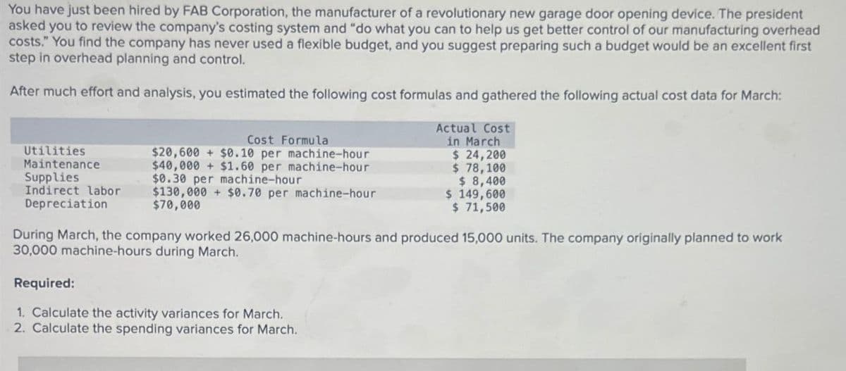 You have just been hired by FAB Corporation, the manufacturer of a revolutionary new garage door opening device. The president
asked you to review the company's costing system and "do what you can to help us get better control of our manufacturing overhead
costs." You find the company has never used a flexible budget, and you suggest preparing such a budget would be an excellent first
step in overhead planning and control.
After much effort and analysis, you estimated the following cost formulas and gathered the following actual cost data for March:
Utilities
Maintenance
Supplies
Indirect labor
Depreciation
Cost Formula
$20,600 + $0.10 per machine-hour
$40,000 +$1.60 per machine-hour
$0.30 per machine-hour
$130,000 + $0.70 per machine-hour
$70,000
Actual Cost
in March
$ 24,200
$ 78,100
$ 8,400
$ 149,600
$ 71,500
During March, the company worked 26,000 machine-hours and produced 15,000 units. The company originally planned to work
30,000 machine-hours during March.
Required:
1. Calculate the activity variances for March.
2. Calculate the spending variances for March.