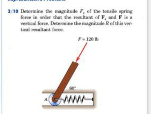 2/10 Determine the magnitude F, of the tensile spring
force in order that the resultant of F, and F is a
vertical force. Determine the magnitude R of this ver
tical resultant foroce.
F- 120 lb
60
A ww
