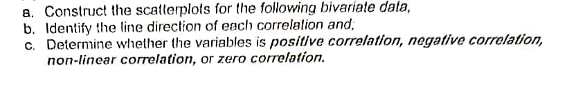 a. Construct the scatterplots for the following bivariate data,
b. Identify the line direction of each correlation and;
c. Determine whether the variables is positive correlation, negative correlation,
non-linear correlation, or zero correlation.