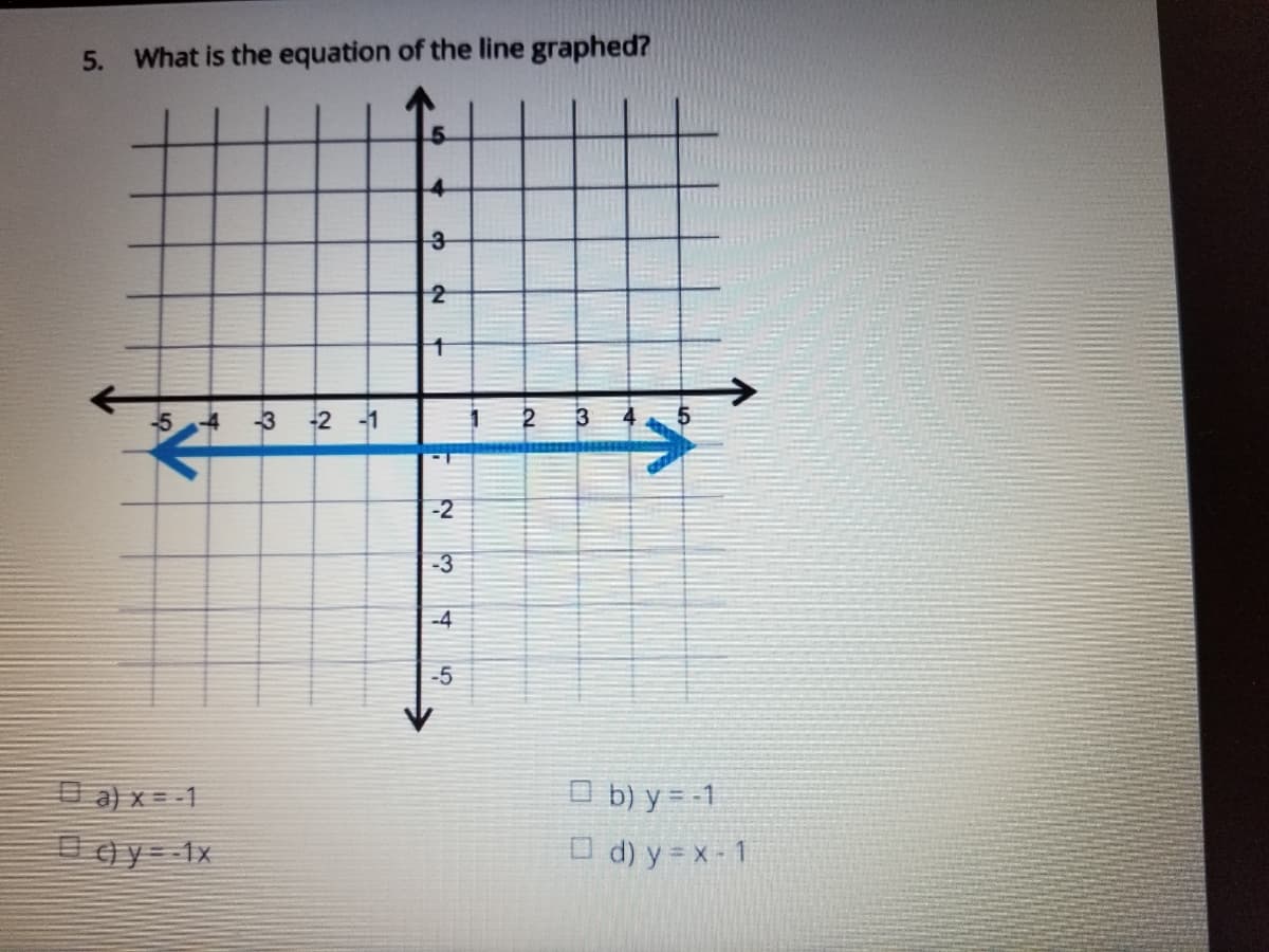 5. What is the equation of the line graphed?
5.
-5
4 3 2 -1
-2
-3
-4
-5
O b) y = -1
O d) y = x- 1
O a) x = -1
