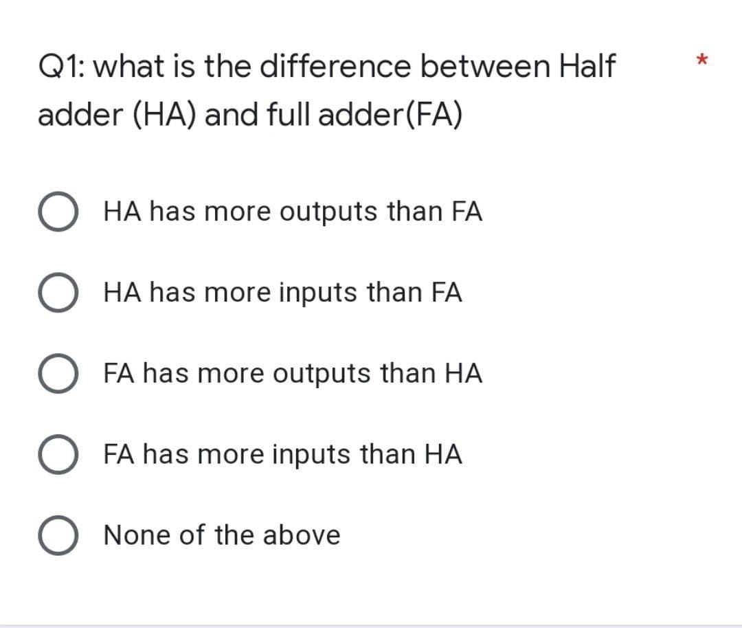 Q1: what is the difference between Half
adder (HA) and full adder(FA)
OHA has more outputs than FA
OHA has more inputs than FA
O FA has more outputs than HA
FA has more inputs than HA
O None of the above
*