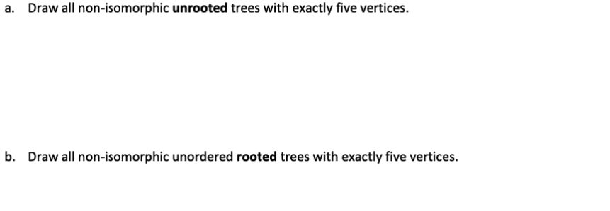 Draw all non-isomorphic unrooted trees with exactly five vertices.
b. Draw all non-isomorphic unordered rooted trees with exactly five vertices.
