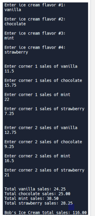 Enter ice cream flavor #1:
vanilla
Enter ice cream flavor #2:
chocolate
Enter ice cream flavor #3:
mint
Enter ice cream flavor #4:
strawberry
Enter corner 1 sales of vanilla
11.5
Enter corner 1 sales of chocolate
15.75
Enter corner 1 sales of mint
22
Enter corner 1 sales of strawberry
7.25
Enter corner 2 sales of vanilla
12.75
Enter corner 2 sales of chocolate
9.25
Enter corner 2 sales of mint
16.5
Enter corner 2 sales of strawberry
21
Total vanilla sales: 24.25
Total chocolate sales: 25.00
Total mint sales: 38.50
Total strawberry sales: 28.25
Bob's Ice Cream total sales: 116.00