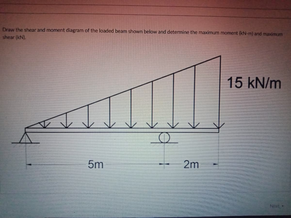 Draw the shear and moment diagram of the loaded beam shown below and determine the maximum moment (kN-m) and maximum
shear (kN).
15 kN/m
5m
2m
Next
