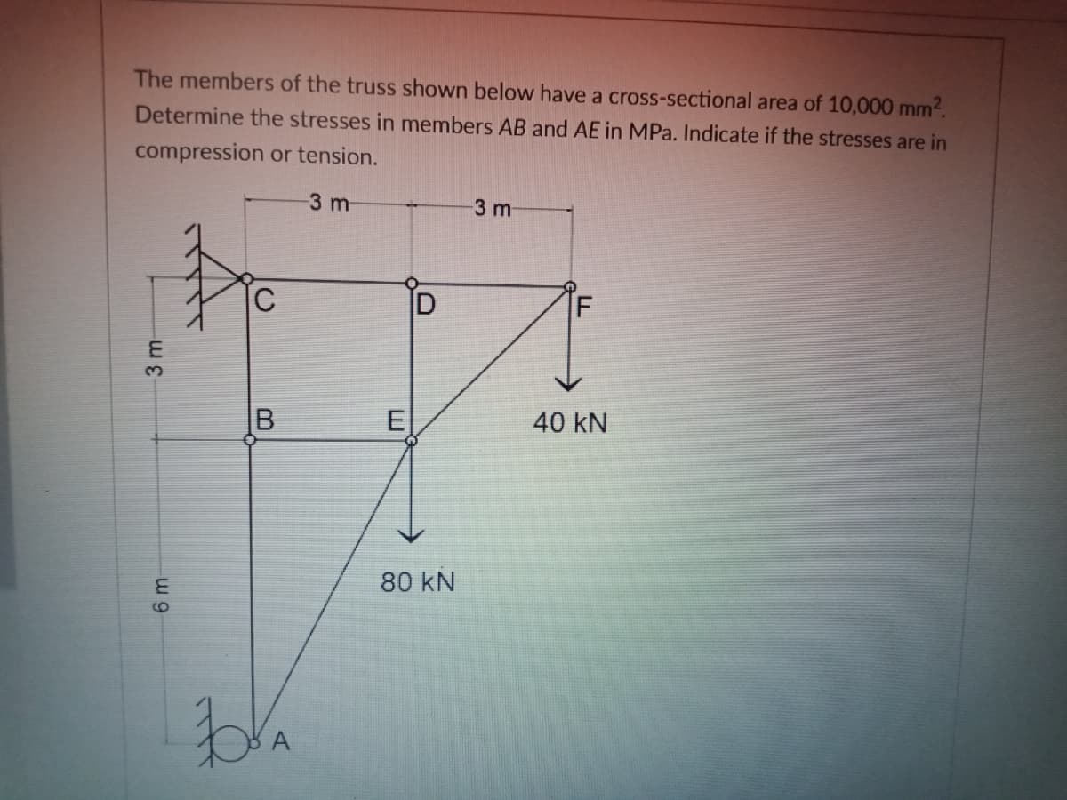 The members of the truss shown below have a cross-sectional area of 10,000 mm2.
Determine the stresses in members AB and AE in MPa. Indicate if the stresses are in
compression or tension.
3 m
3 m
C
E
40 kN
80 kN
F.
6m-
3 m-
