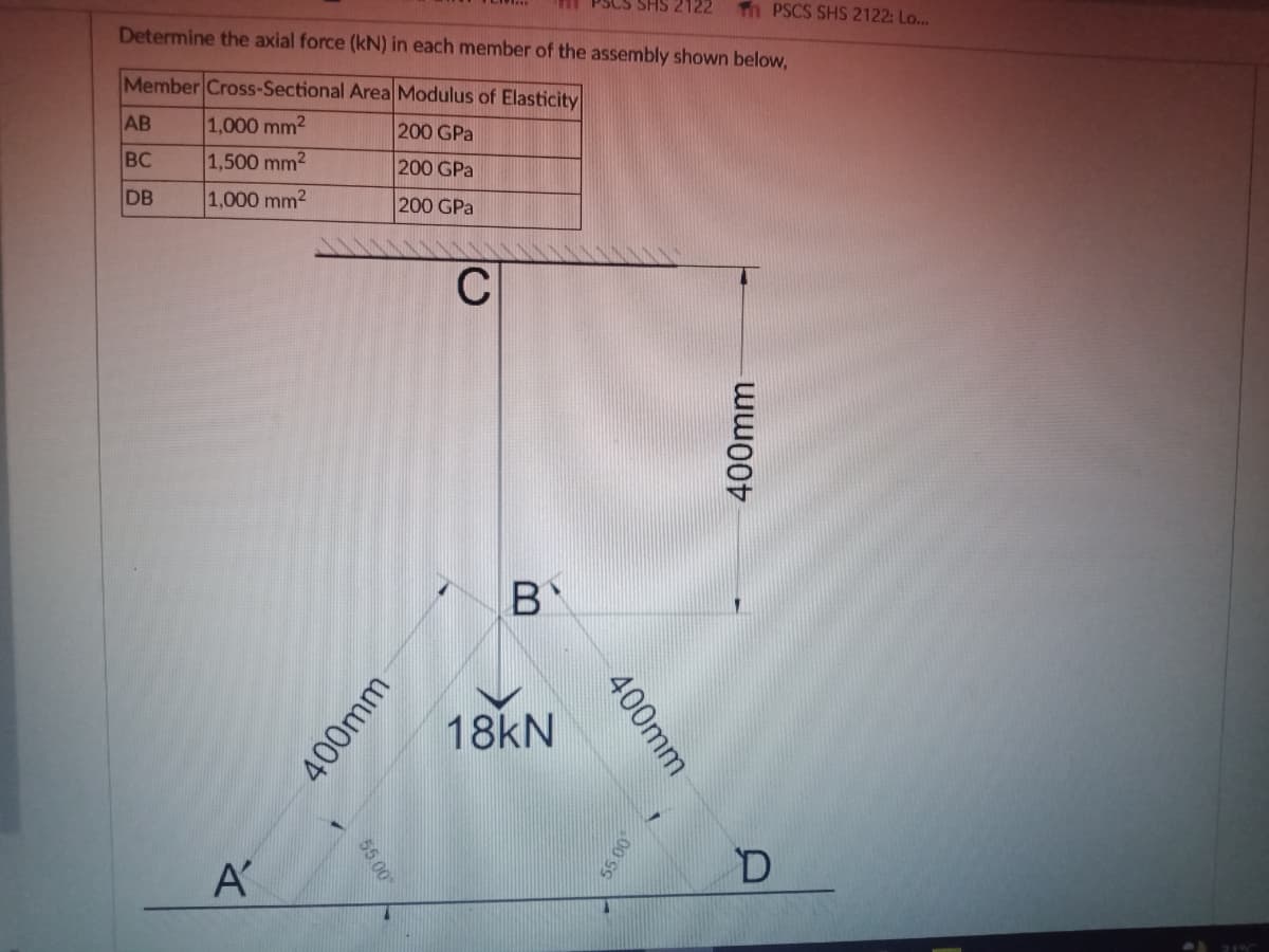 SCS SHS 2122
Tn PSCS SHS 2122: Lo...
Determine the axial force (kN) in each member of the assembly shown below,
Member Cross-Sectional Area Modulus of Elasticity
AB
1,000 mm2
200 GPa
BC
1,500 mm2
200 GPa
DB
1,000 mm2
200 GPa
C
18KN
A
400mm
400mm
00 50
55.00
