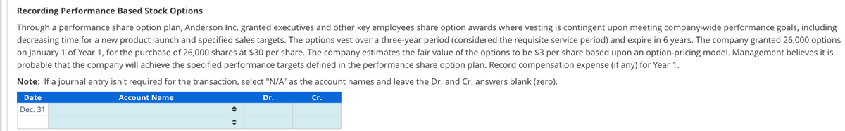 Recording Performance Based Stock Options
Through a performance share option plan, Anderson Inc. granted executives and other key employees share option awards where vesting is contingent upon meeting company-wide performance goals, including
decreasing time for a new product launch and specified sales targets. The options vest over a three-year period (considered the requisite service period) and expire in 6 years. The company granted 26,000 options
on January 1 of Year 1, for the purchase of 26,000 shares at $30 per share. The company estimates the fair value of the options to be $3 per share based upon an option-pricing model. Management believes it is
probable that the company will achieve the specified performance targets defined in the performance share option plan. Record compensation expense (if any) for Year 1.
Note: If a journal entry isn't required for the transaction, select "N/A" as the account names and leave the Dr. and Cr. answers blank (zero).
Date
Account Name
Dr.
Cr.
Dec. 31