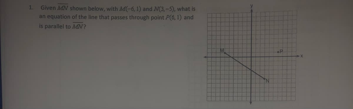 Given MN shown below, with M-6,1) and N(3,-5), what is
an equation of the line that passes through point P(6, 1) and
1.
is parallel to MN?
M
P
N.
