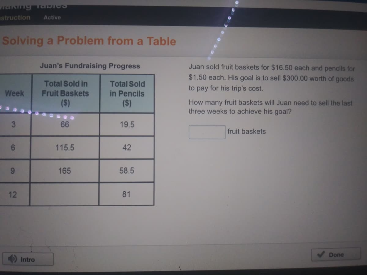 raking Tabies
struction
Active
Solving a Problem from a Table
Juan's Fundraising Progress
Juan sold fruit baskets for $16.50 each and pencils for
$1.50 each. His goal is to sell $300.00 worth of goods
Total Sold in
Total Sold
to pay for his trip's cost.
Week
in Pencils
($)
Fruit Baskets
($)
How many fruit baskets will Juan need to sell the last
three weeks to achieve his goal?
3
66
19.5
fruit baskets
6.
115.5
42
165
58.5
12
81
Done
Intro
90
