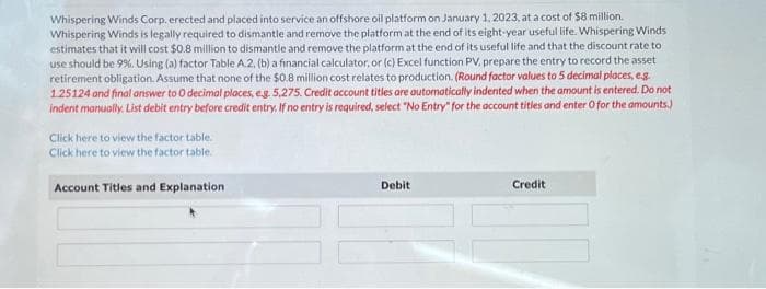 Whispering Winds Corp. erected and placed into service an offshore oil platform on January 1, 2023, at a cost of $8 million.
Whispering Winds is legally required to dismantle and remove the platform at the end of its eight-year useful life. Whispering Winds
estimates that it will cost $0.8 million to dismantle and remove the platform at the end of its useful life and that the discount rate to
use should be 9%. Using (a) factor Table A.2. (b) a financial calculator, or (c) Excel function PV, prepare the entry to record the asset
retirement obligation. Assume that none of the $0.8 million cost relates to production. (Round factor values to 5 decimal places, e.g.
1.25124 and final answer to 0 decimal places, e.g. 5,275. Credit account titles are automatically indented when the amount is entered. Do not
indent manually. List debit entry before credit entry. If no entry is required, select "No Entry" for the account titles and enter O for the amounts)
Click here to view the factor table.
Click here to view the factor table.
Account Titles and Explanation
Debit
Credit
