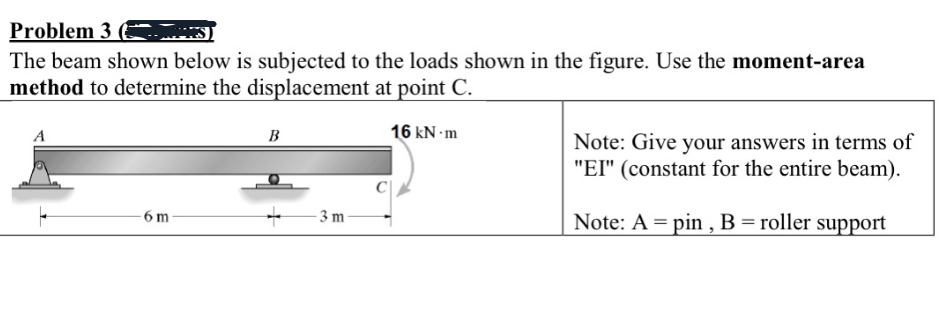 Problem 3
The beam shown below is subjected to the loads shown in the figure. Use the moment-area
method to determine the displacement at point
16 kN.m
-6m
B
+
-3m-
C
Note: Give your answers in terms of
"EI" (constant for the entire beam).
Note: A = pin, B = roller support