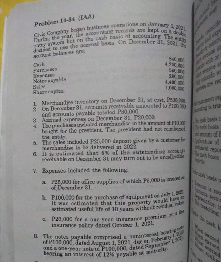 b. P100,000 for the purchase of equipment on July 1, 2021
bearing an interest of 12% payable at maturity.
c. P20,000 for a one-year insurance premium c
od inzde
pn and expe
ce ar cainci
Problem 14-34 (IAA)
double
Samabe wath ar
adat revenue at
coincide w
account balances are:
840,000
4,200,000
560,000
200,000
4,400,000
1,000,000
h evemue ar
Cash
Purchases
Expenses
Notes payable
Sales
Share capital
Hack satement re
acusting is true
1. Merchandise inventory on December 31, at cost, P500,000.
2. On December 31, accounts receivable amounted to P100.000
and accounts payable totaled P80,000.
3. Accrued expenses on December 31, P20,000.
4. The purchases included merchandise in the amount of P10,000
bought for the president. The president had not reimbursed
the entity.
5. The sales included P25,000 deposit given by a customer for
merchandise to be delivered in 2022.
6. It is estimated that 5% of the outstanding accounts
receivable on December 31l may turn out to be uncollectible.
Bar cash basis in
Tae cosh basis
anount of f
ication of
aknent repor
The cash basis
Hards
7. Expenses included the following:
ter cah basis o
a. P25,000 for office supplies of which P5,000 is unused as
of December 31.
Revenue is rec
laounts recei
Sapreciation is
The matching
b. P100,000 for the purchase of equipment on July 1, 20
on a fire
e the cash b
insurance policy dated October 1, 2021.
hen earned
Kaen earned
Wben earned
hen real
a.
Abur so
